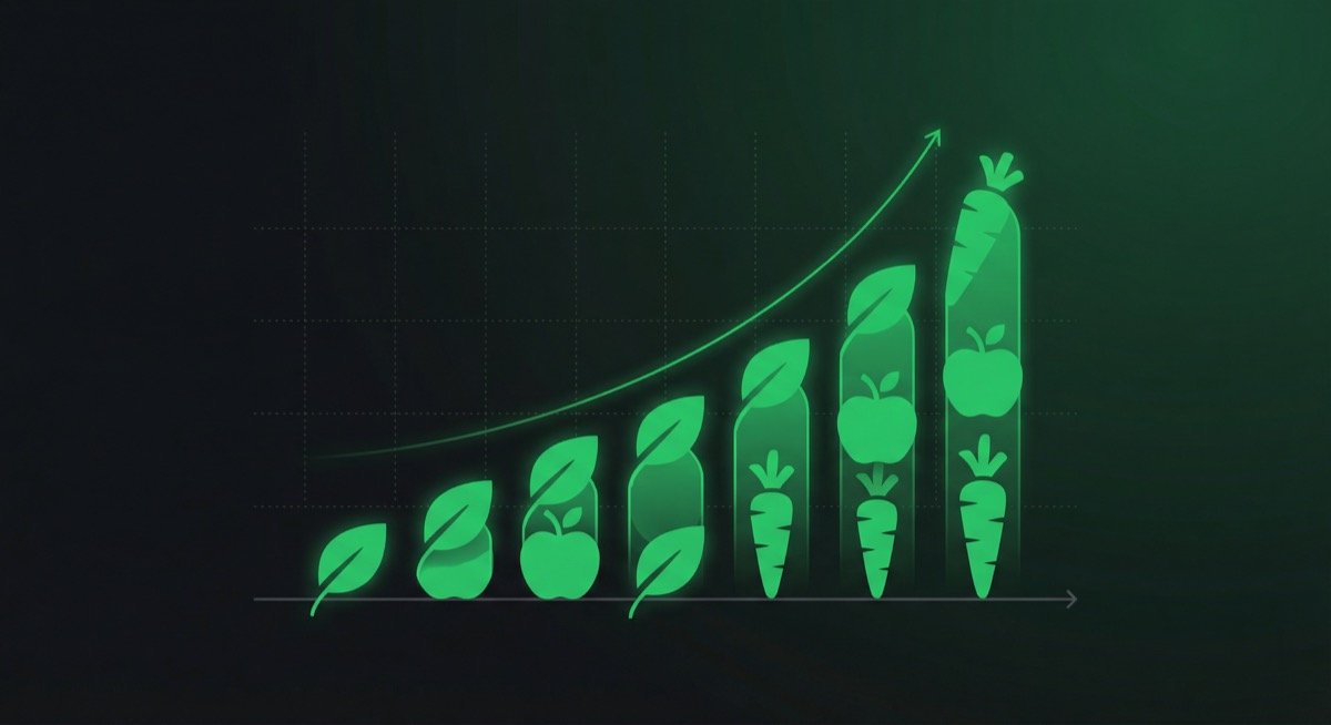 Growth chart made of produce silhouettes showing upward trajectory