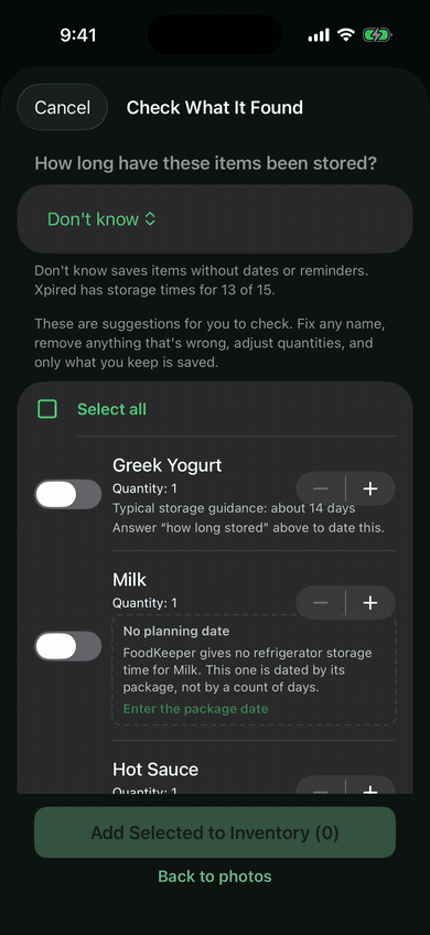Xpired beta screen "Check What It Found" after a fridge photo: a list of detected items with toggles to review before adding, including a note that Milk has no default storage time and needs its own package date