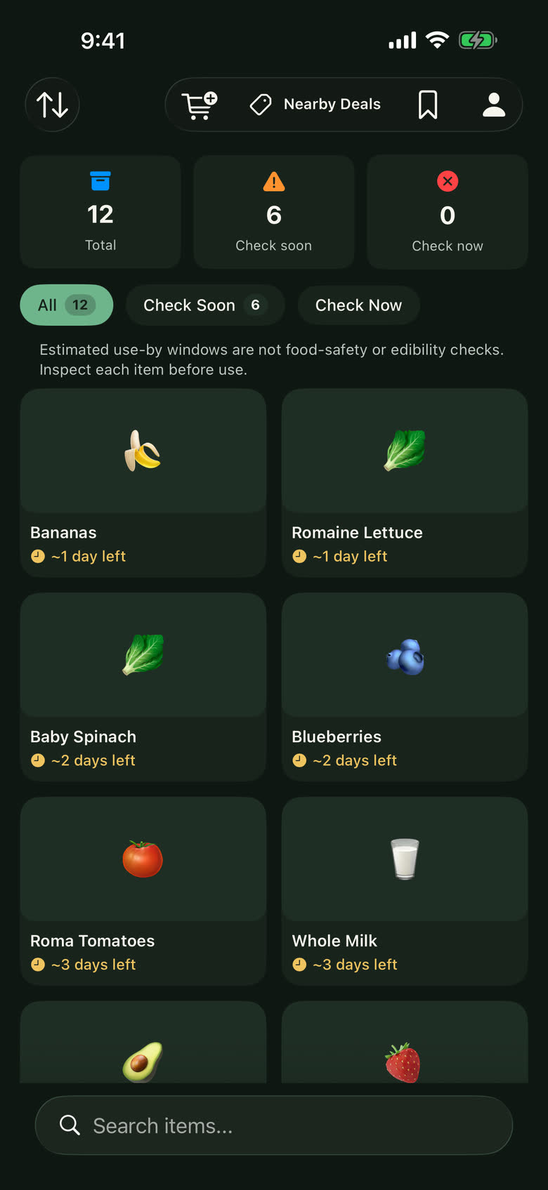 Xpired beta inventory screen listing bananas, romaine lettuce, baby spinach, blueberries, roma tomatoes and whole milk, each with a planning window such as about 1 day left, below the notice that estimated use-by windows are not food-safety or edibility checks, in an app that does not evaluate freshness or food safety