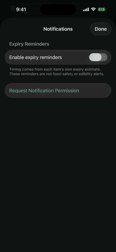 Xpired beta Notifications screen turning on expiry reminders and setting a 2-day-before alert, with a note that reminders are not food-safety or edibility alerts
